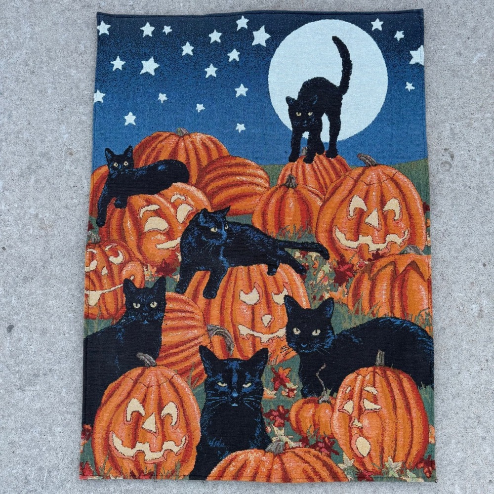 Vintage Halloween Black Cat Pumpkin Woven Tapestry Wall Hanging 36x26